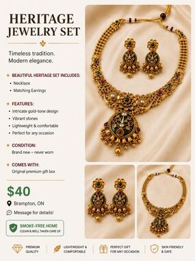 Heritage Gold-Tone Necklace & Earrings Set with Green and Red Stones